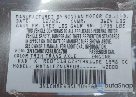 2025 Nissan Versa 1.6 Sv z USA, uszkodzony, nr VIN 3N1CN8EV3SL904788